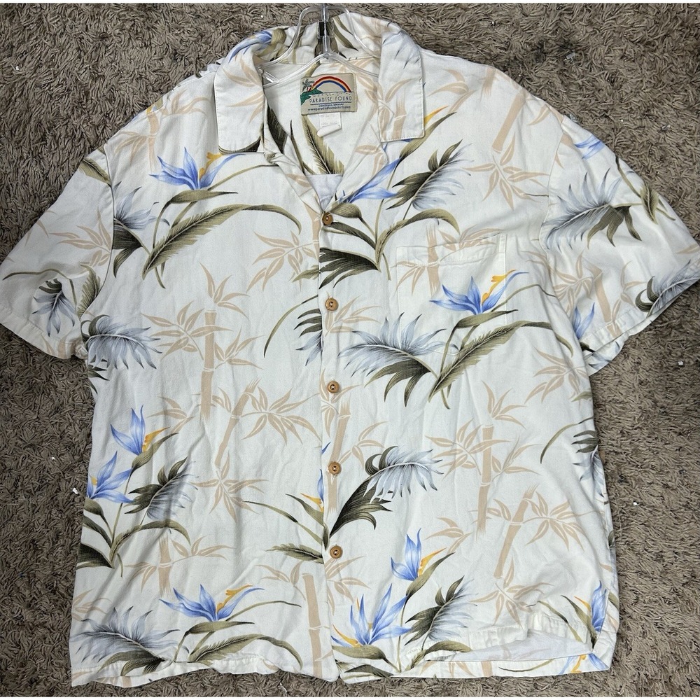 Paradise Found Mens Size XL White Bamboo Paradise Button Down Hawaiian Shirt
